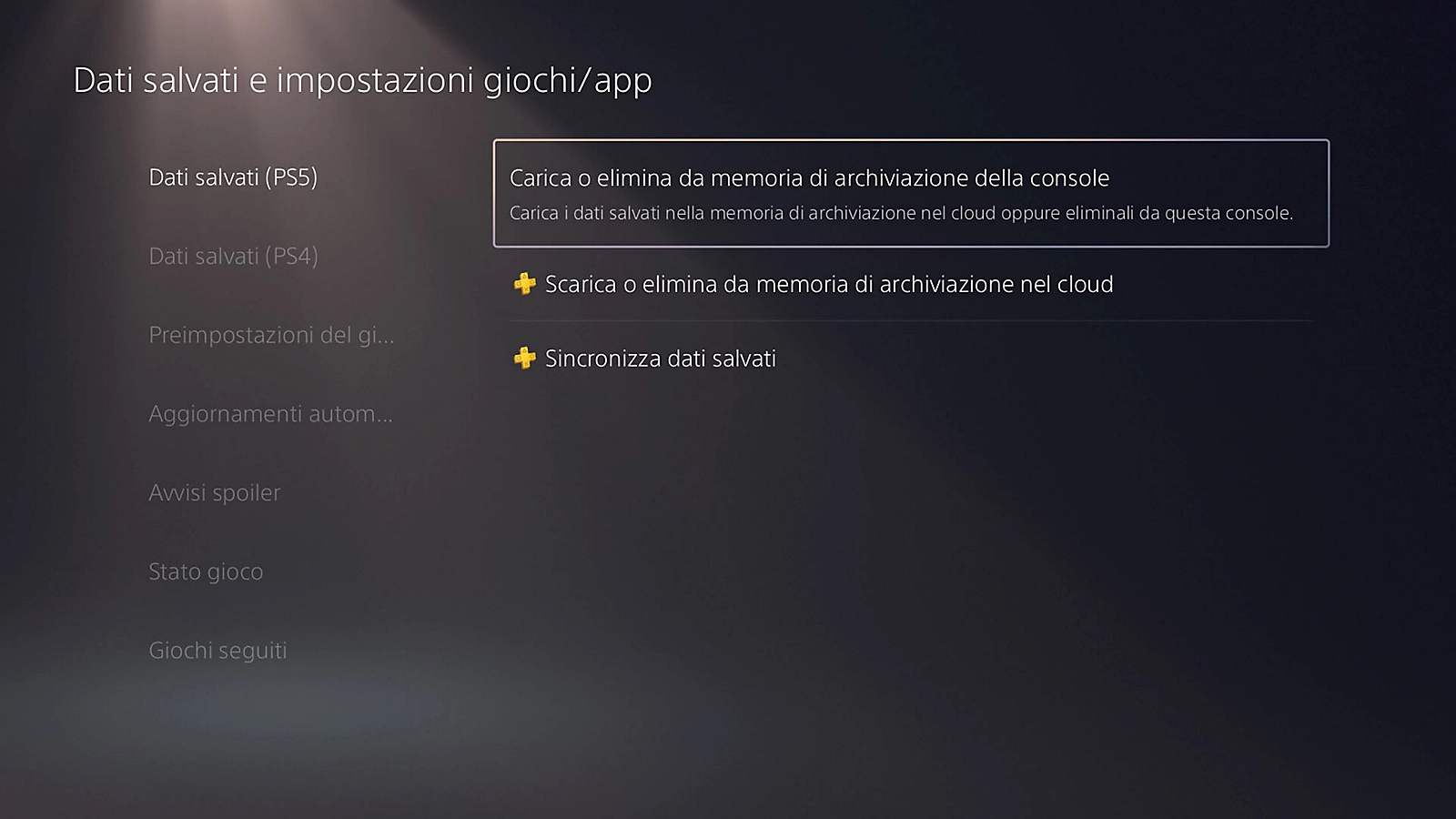 ps5 dati salvati giochi app